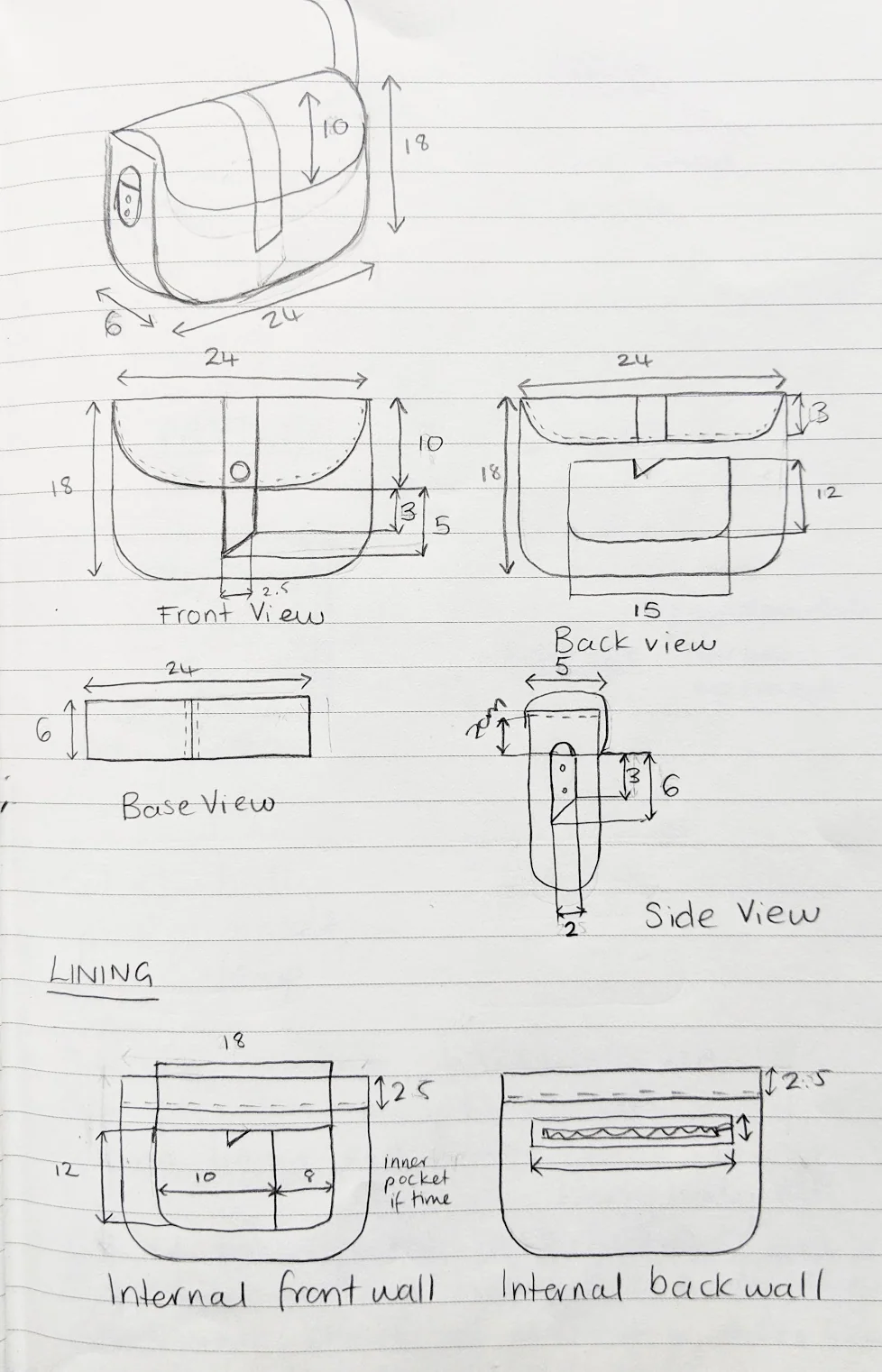 Satchel construction sketch with dimensions