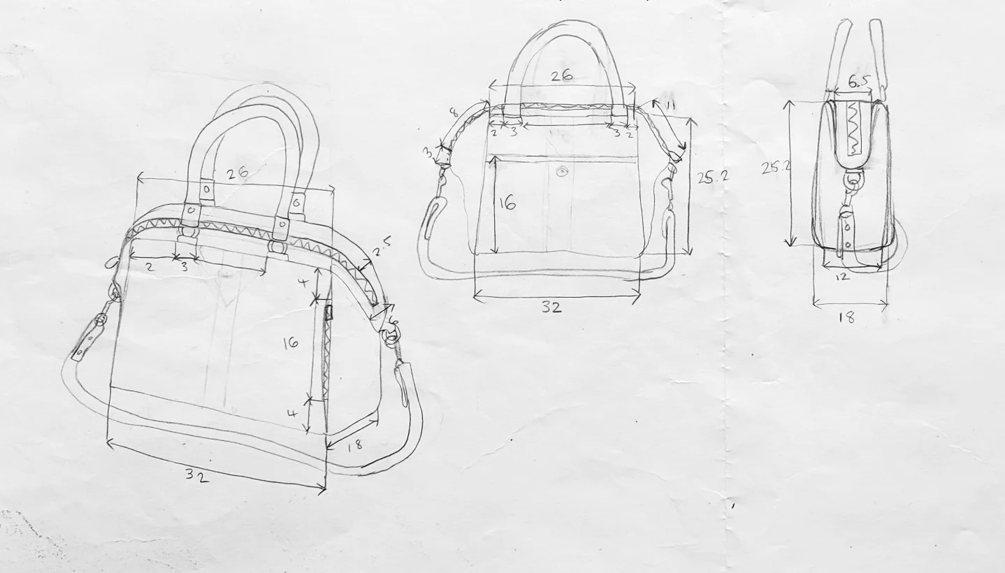 Handbag construction sketch with dimensions