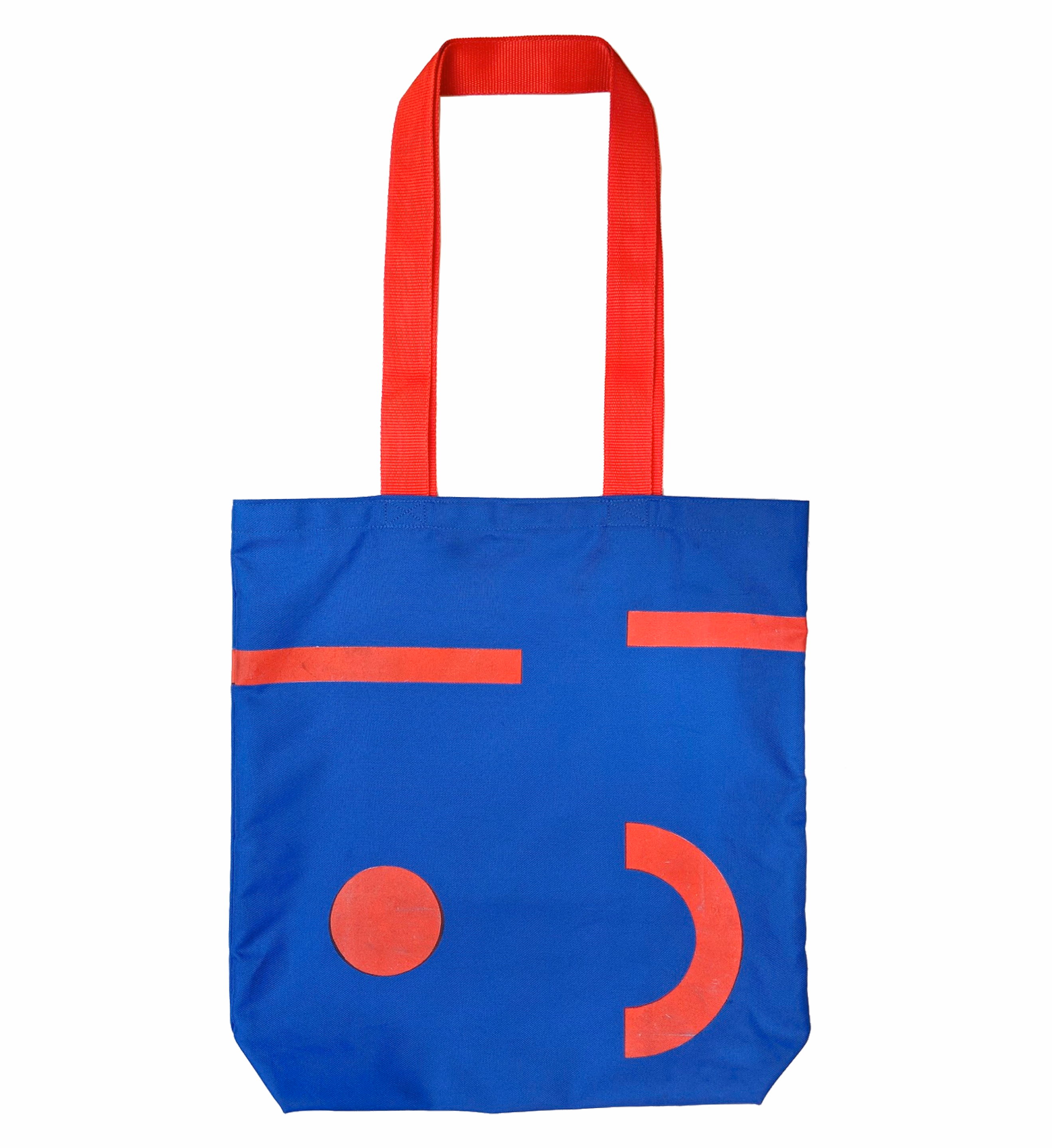 Red and blue printed zippered bag front