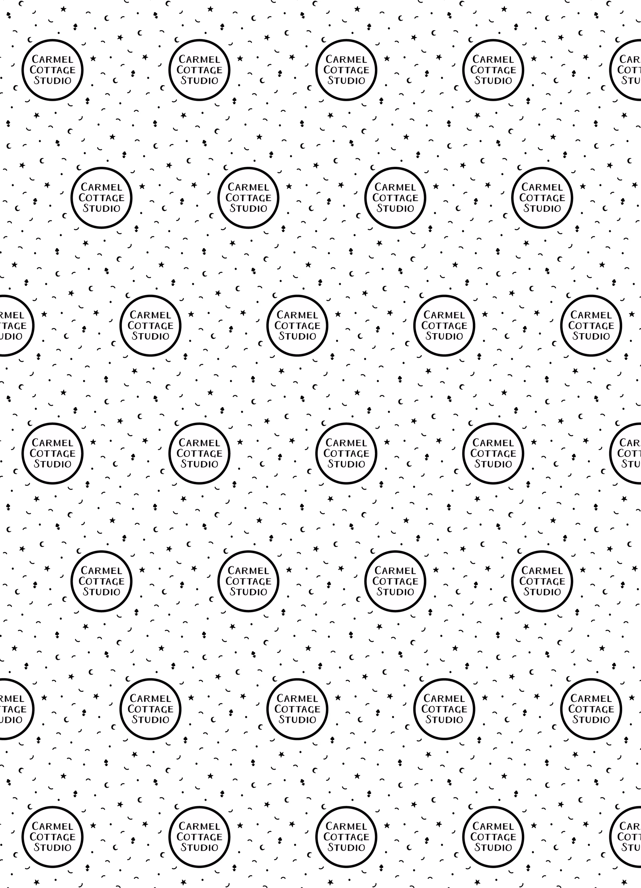 Repeat pattern of logo badges, stars and moons on a slate ground