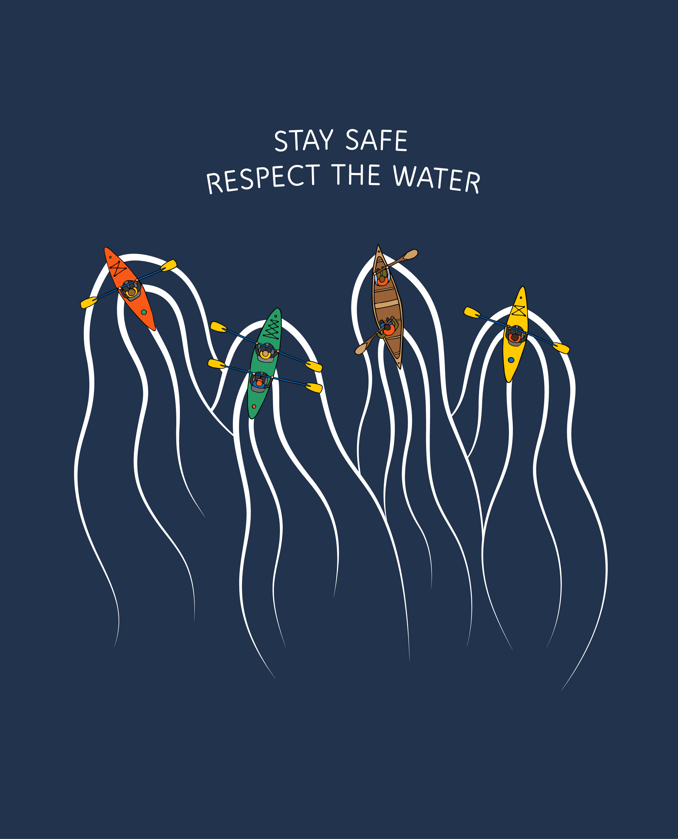 Stay Safe Respect the Water kayaks illustration