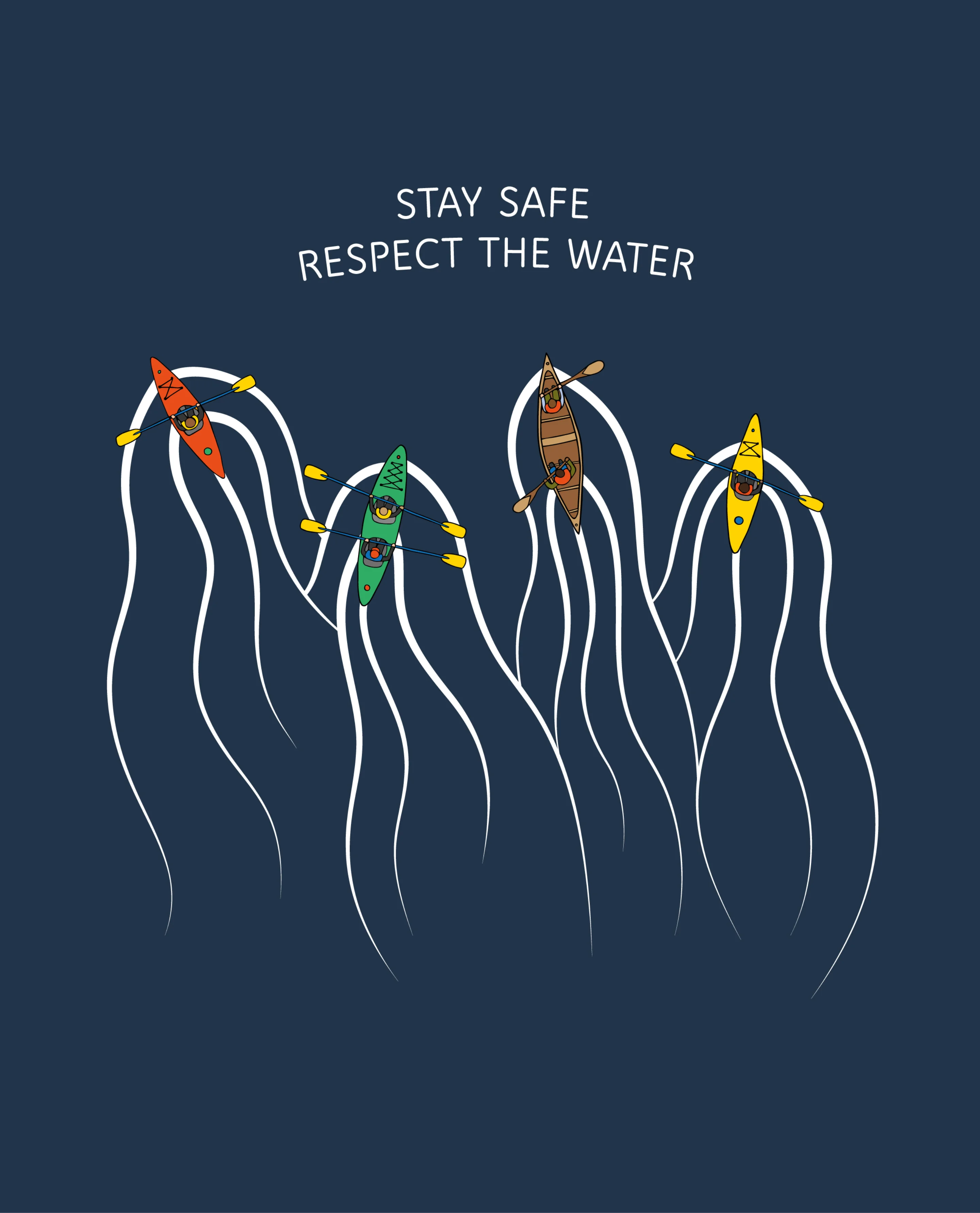 Stay Safe Respect the Water kayaks illustration
