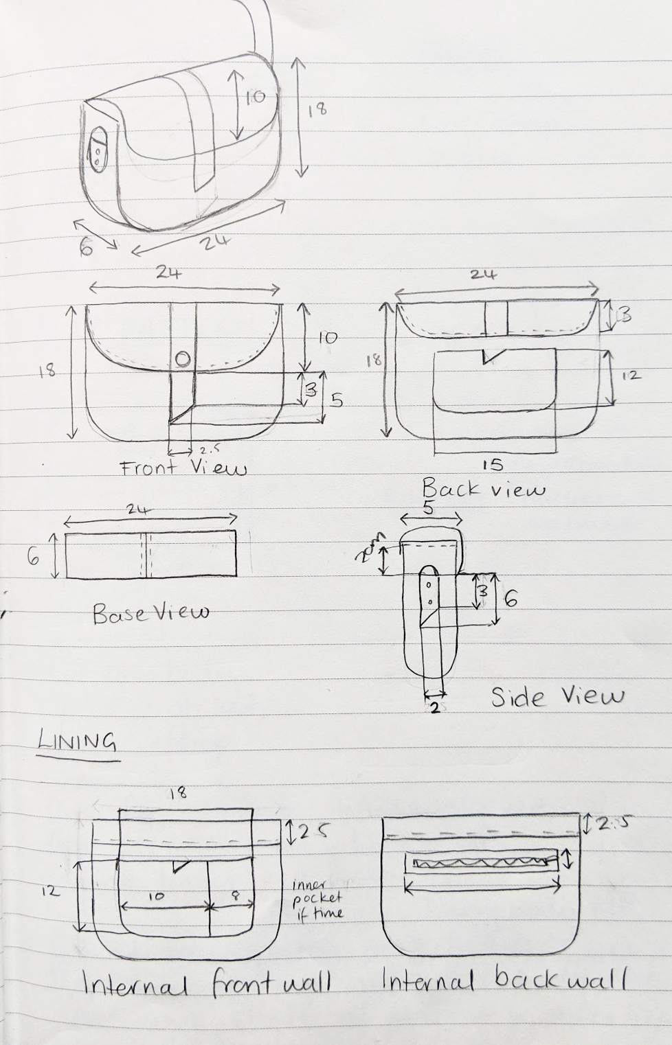 Satchel construction sketch with dimensions