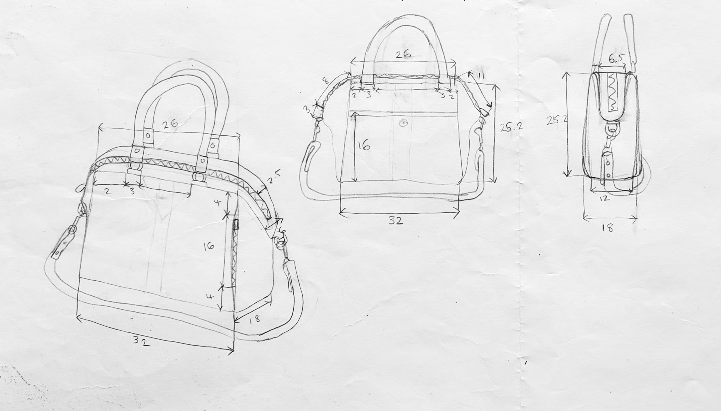 Handbag construction sketch with dimensions